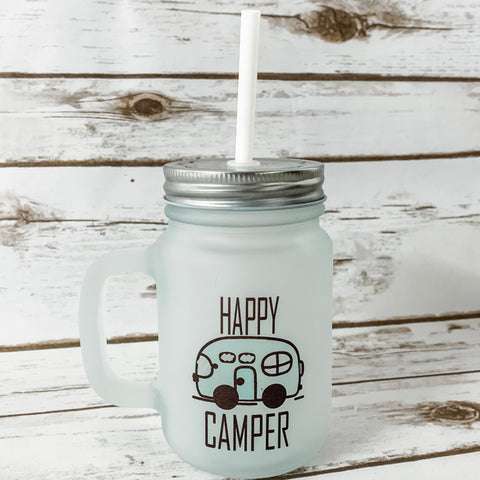 Happy Camper Mason Jar Glass