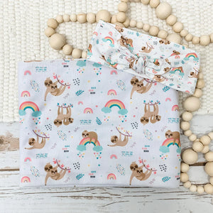 Sloth and Rainbow Swaddle And Head Piece Sets